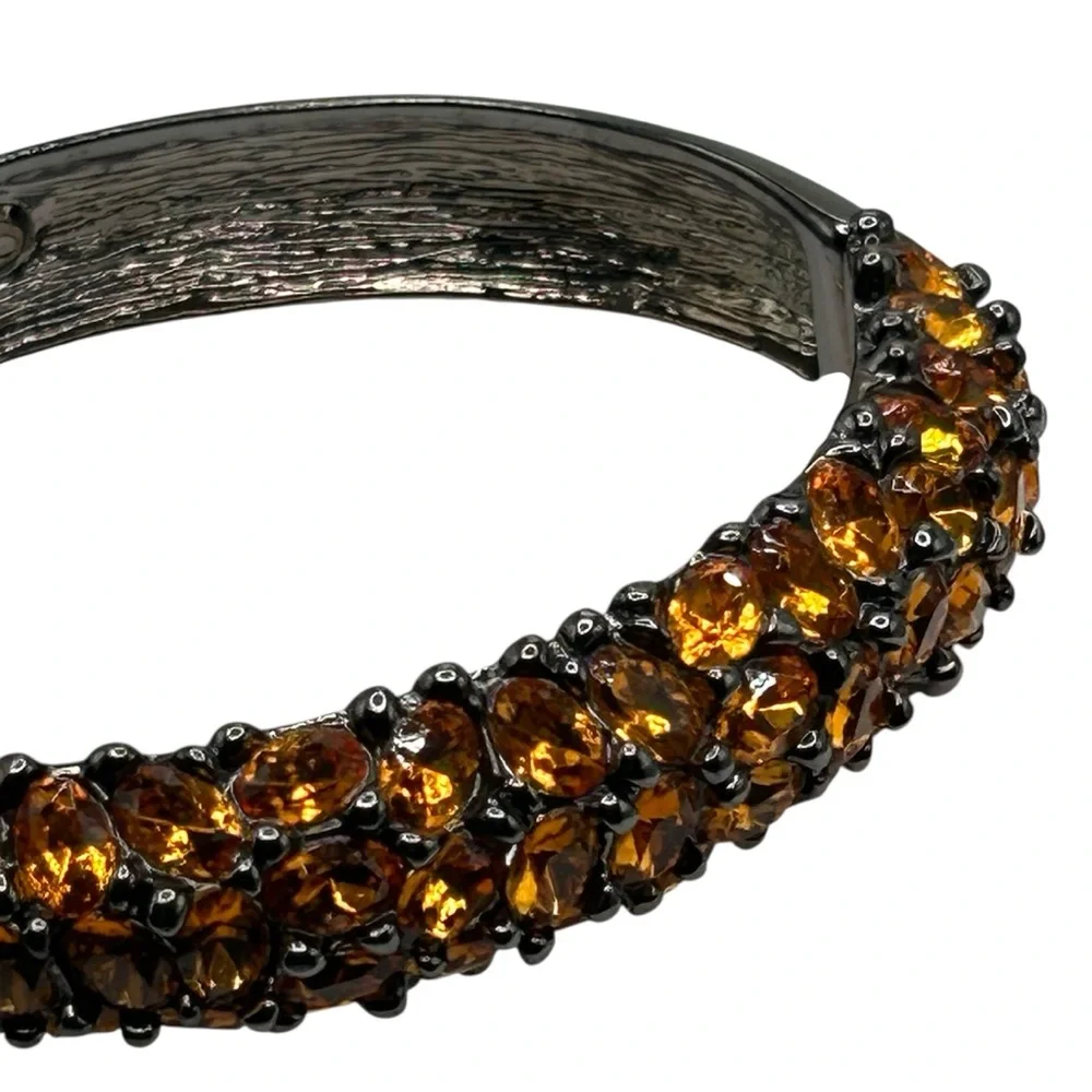 Vintage KJL Orange Rhinestone Gunmetal Hinged Bracelet - Picture 4 of 7